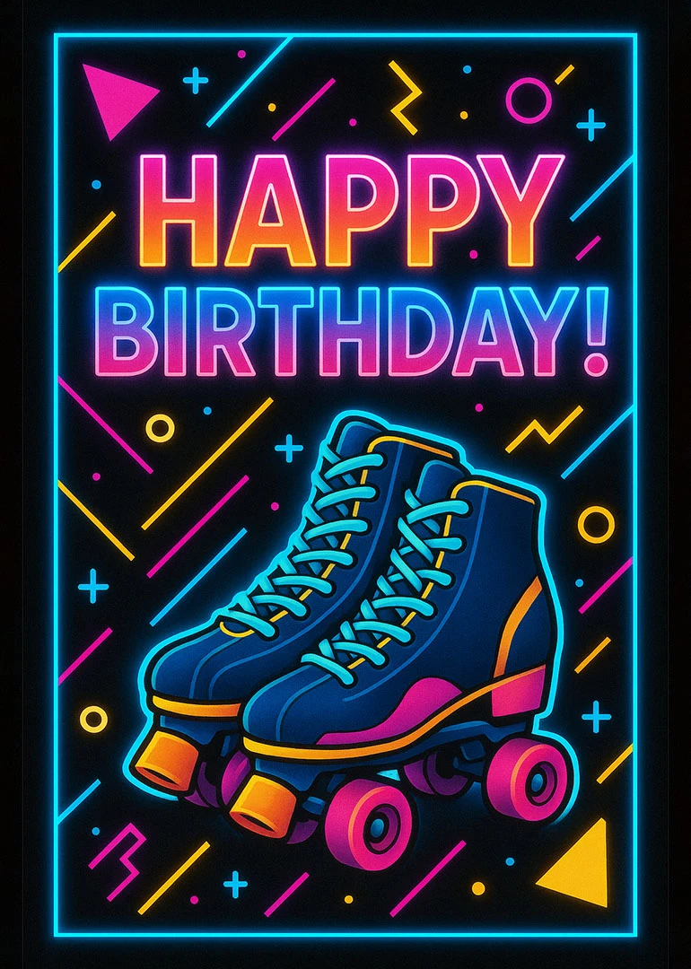 Bright neon birthday card featuring roller skates and bold HAPPY BIRTHDAY text on black background.