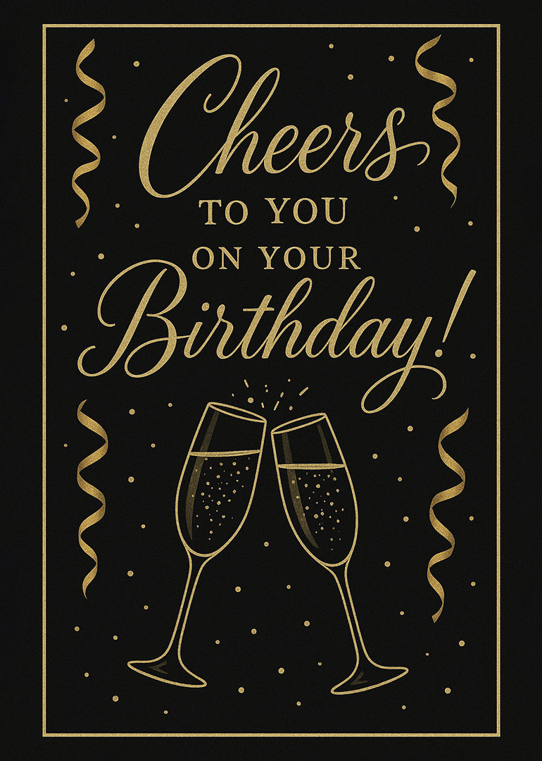 Black birthday card with gold text and champagne glasses clinking
