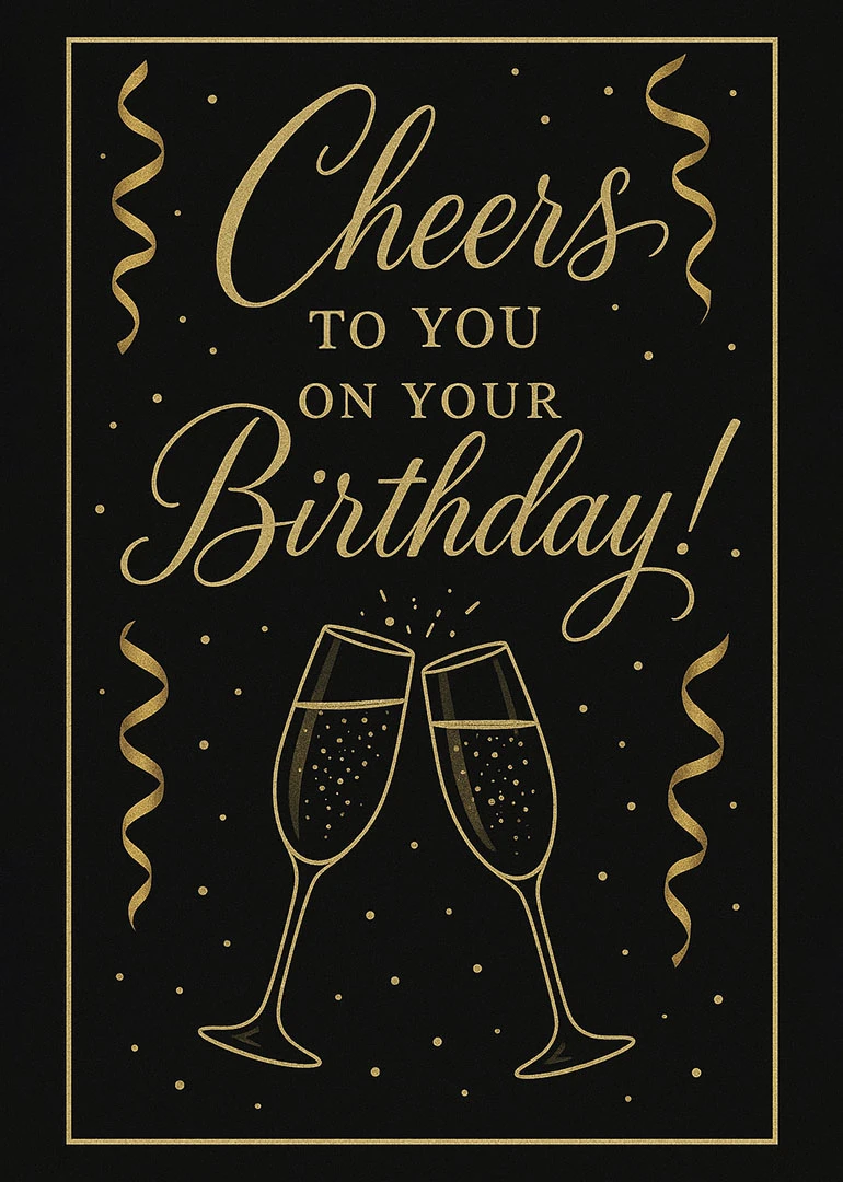 Black and gold birthday card with cheers message, champagne glasses, and festive streamers sparkling celebration.