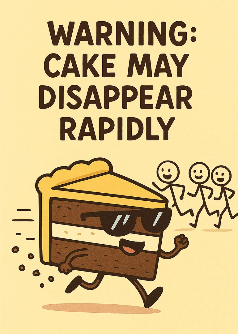 A cartoon cake slice in sunglasses runs beneath warning text about cake disappearing rapidly today.