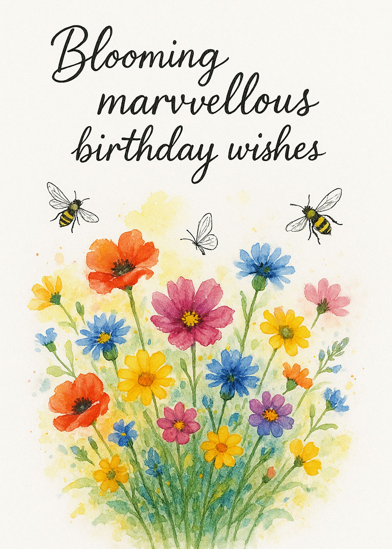 Watercolor birthday card with colorful flowers and bees flying around
