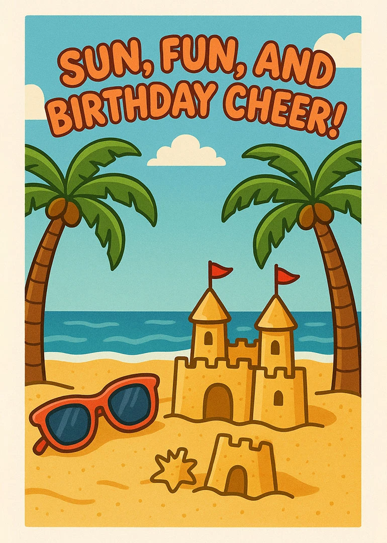 Cartoon beach birthday card with palm trees, sandcastle, sunglasses, and sunny cheerful text above ocean.
