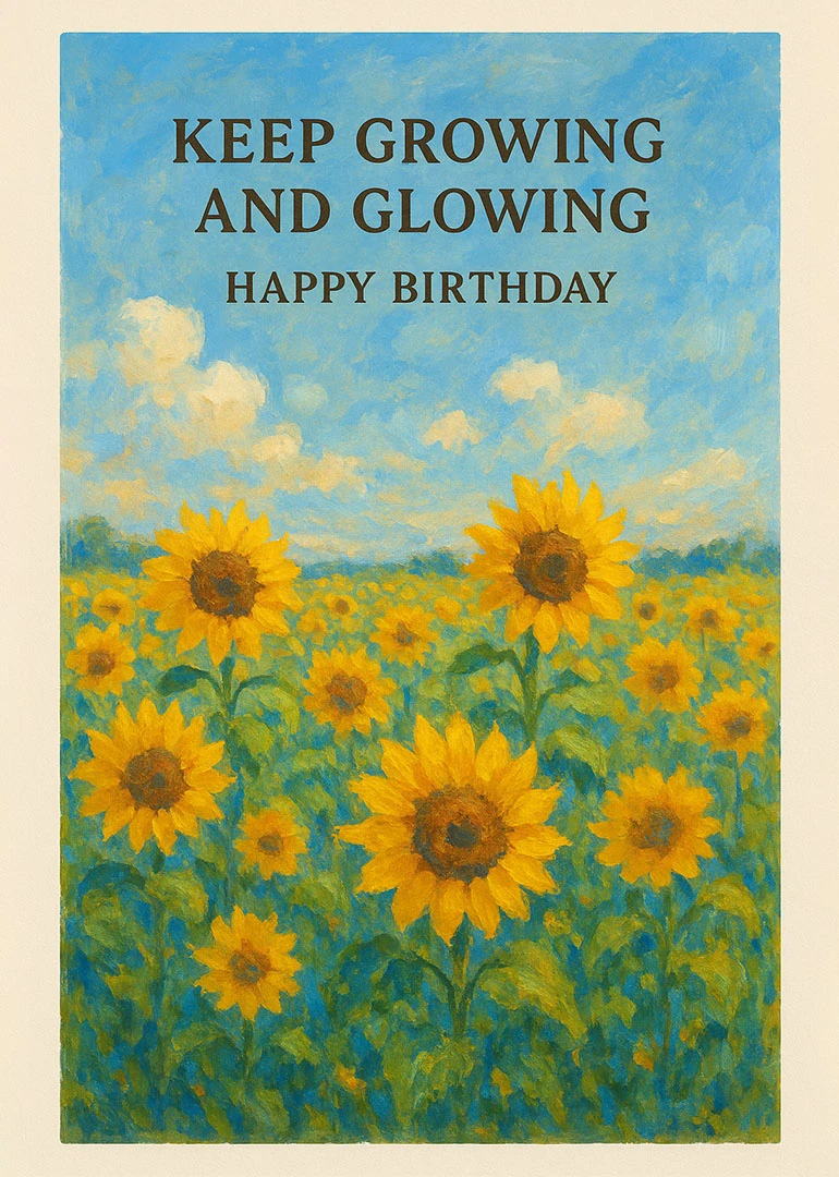 Sunflower field card with blue sky and Keep Growing and Glowing Happy Birthday text above.