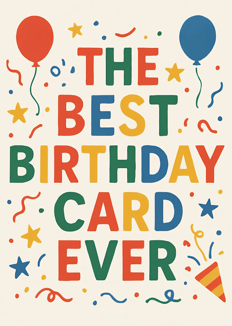 Colorful birthday card with balloons, confetti, stars and bold text reading the best birthday ever.