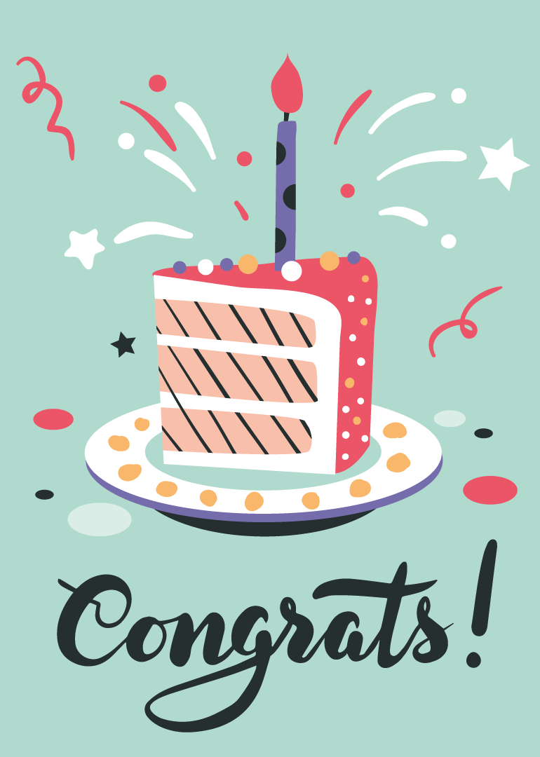 Birthday card with a slice of cake, candle, and 'Congrats!' text