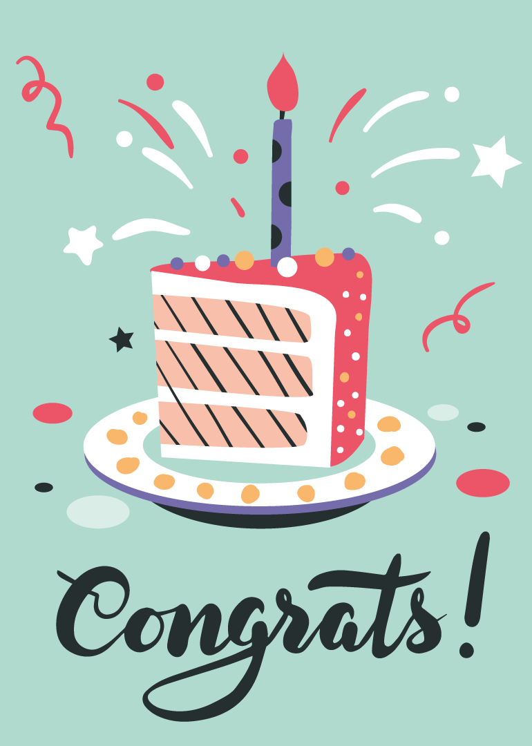 A cake slice with candle and confetti with Congrats text on a mint background.