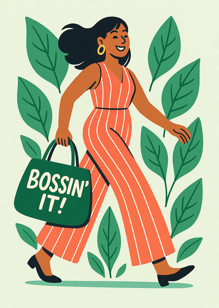 Illustration of confident woman walking with bossin it bag surrounded by green leaves