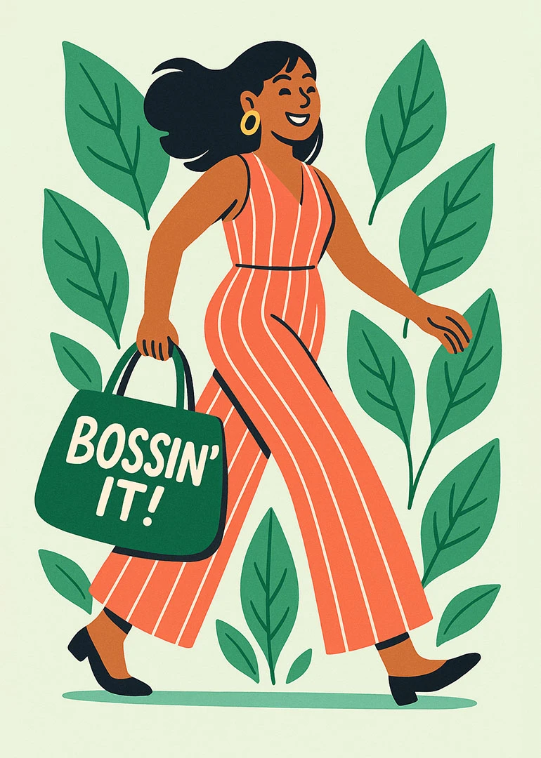 A smiling woman in a striped jumpsuit carries a Bossin' It bag surrounded by leaves.