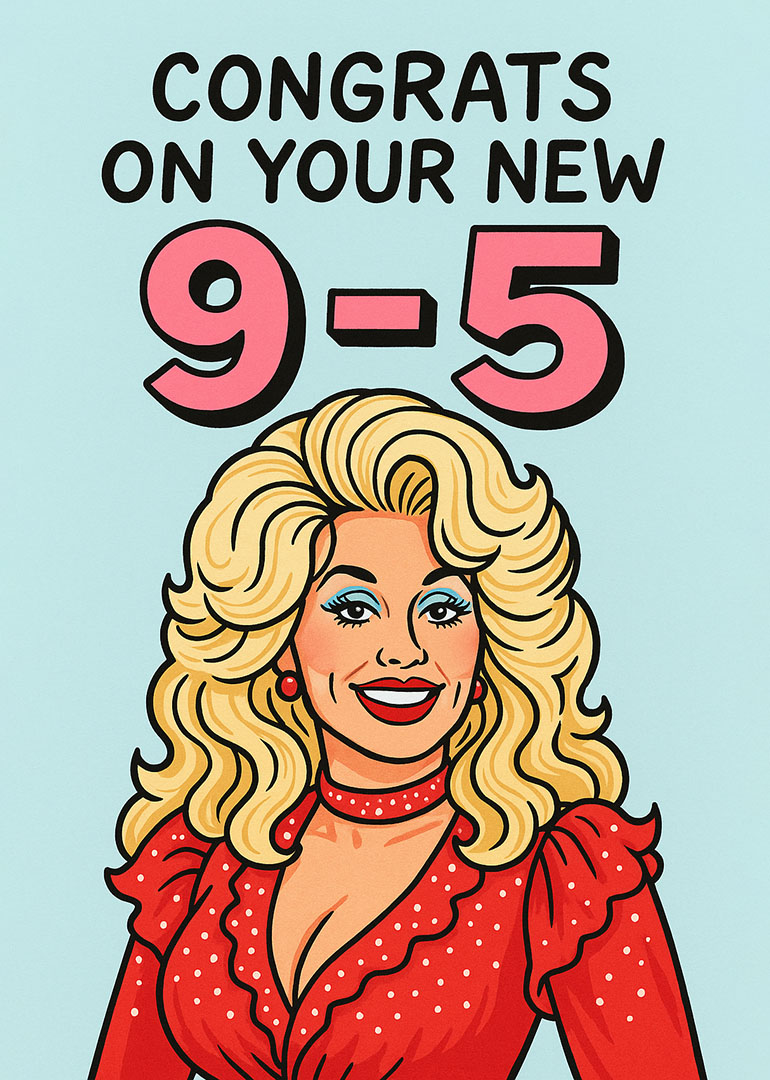 Illustration of smiling woman in red dress with congrats on your new 9-5 job text