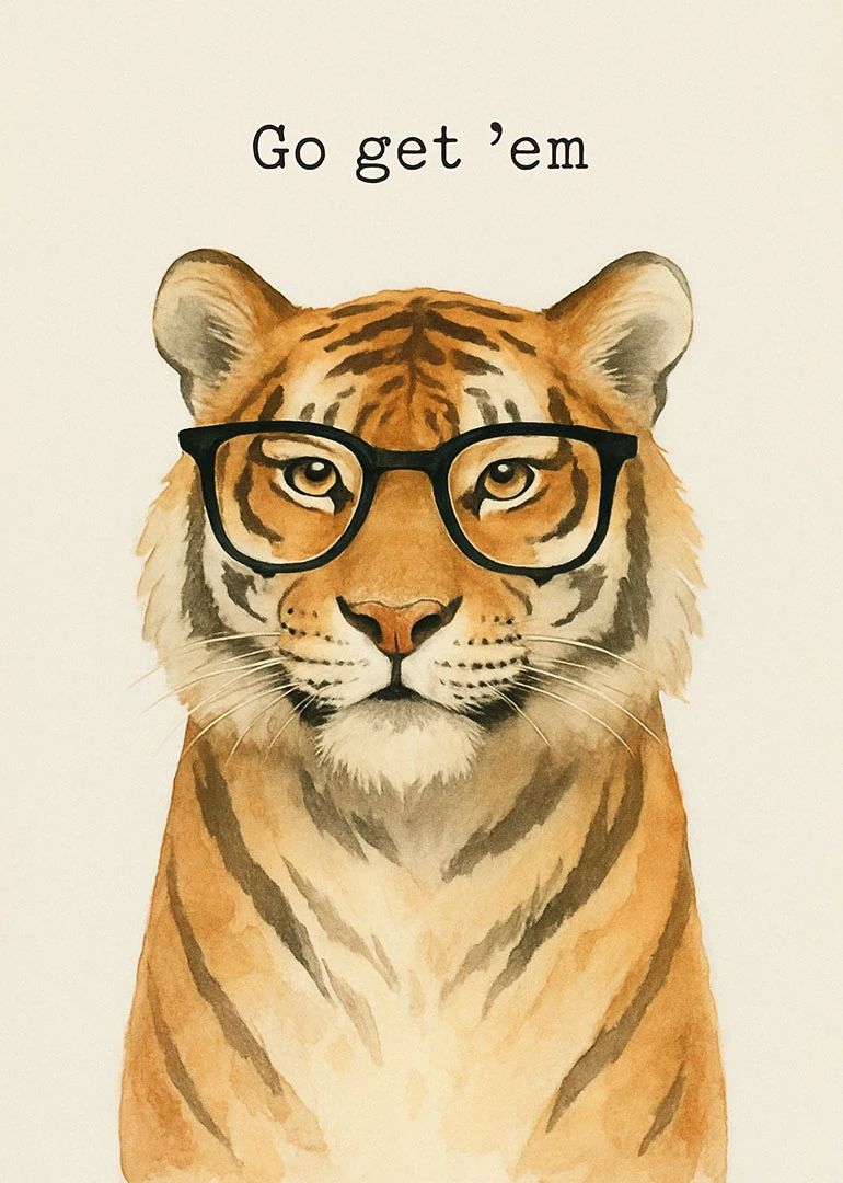 Watercolor tiger wearing black glasses with Go get em text on a cream paper background.