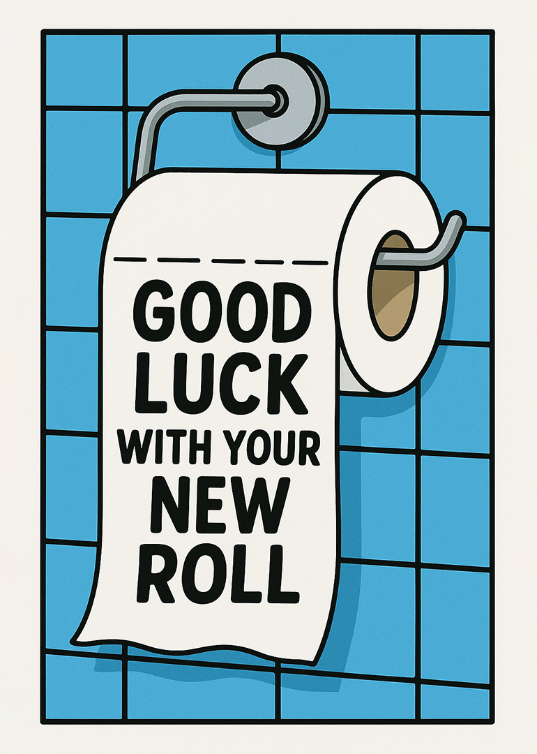 Toilet paper roll on holder with good luck message on blue tiled background