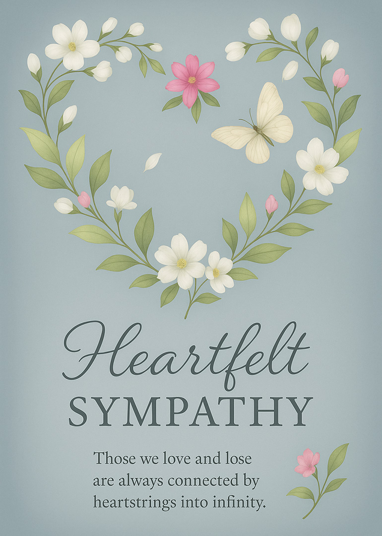 Sympathy card with floral heart and butterfly on soft blue background