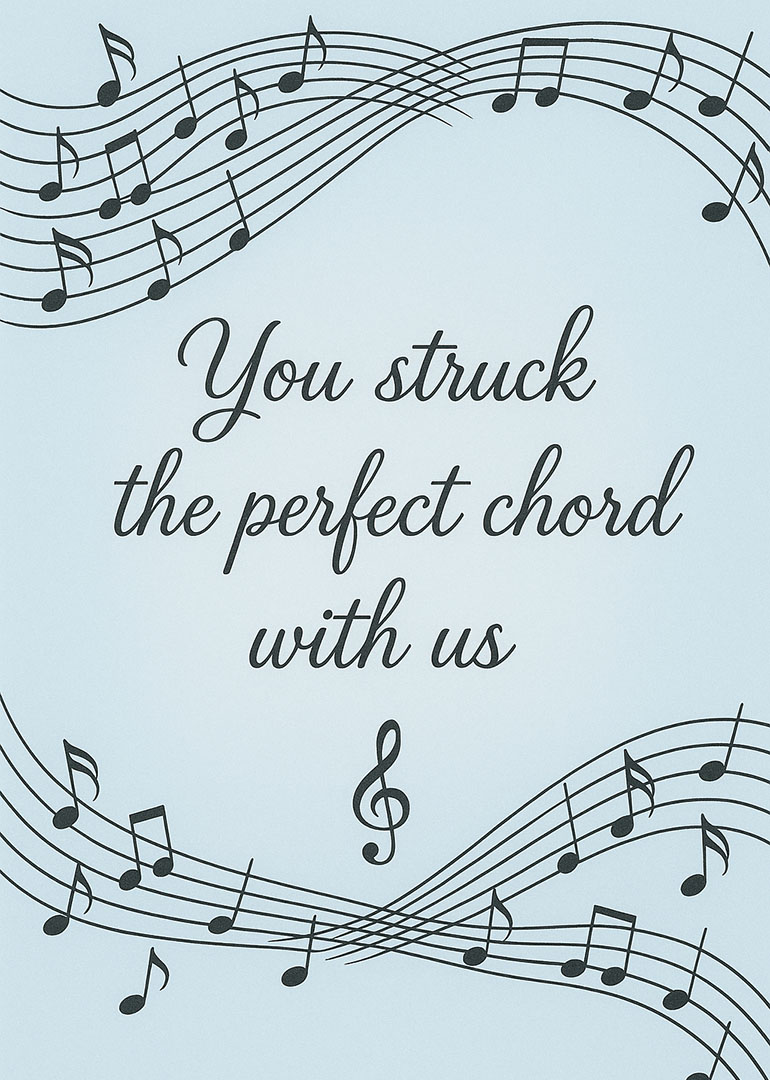 Appreciation card with musical notes and perfect chord message