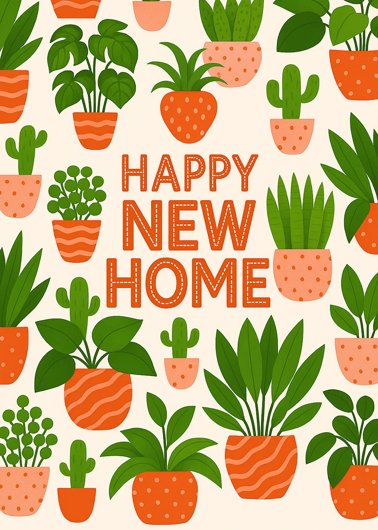 Potted plants surround happy new home text in orange and green on a cream background.