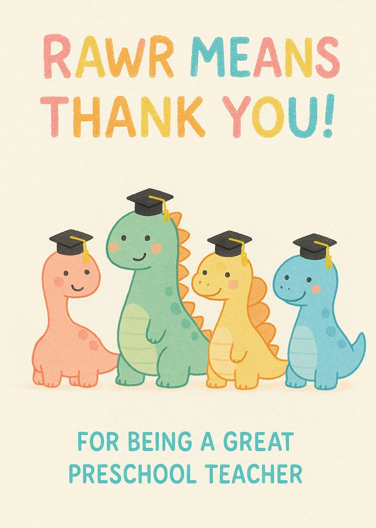 Four cute dinosaurs in graduation caps thank a great preschool teacher with playful pastel lettering.