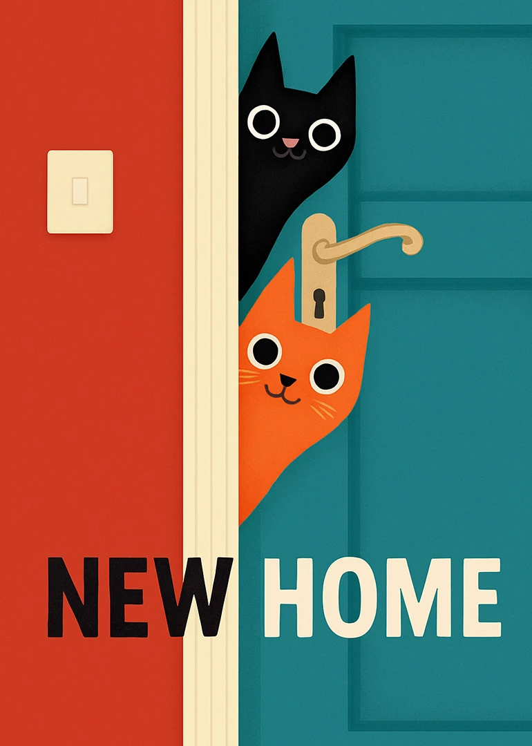 Two cats peek through a door beside bold NEW HOME text on a colorful card.