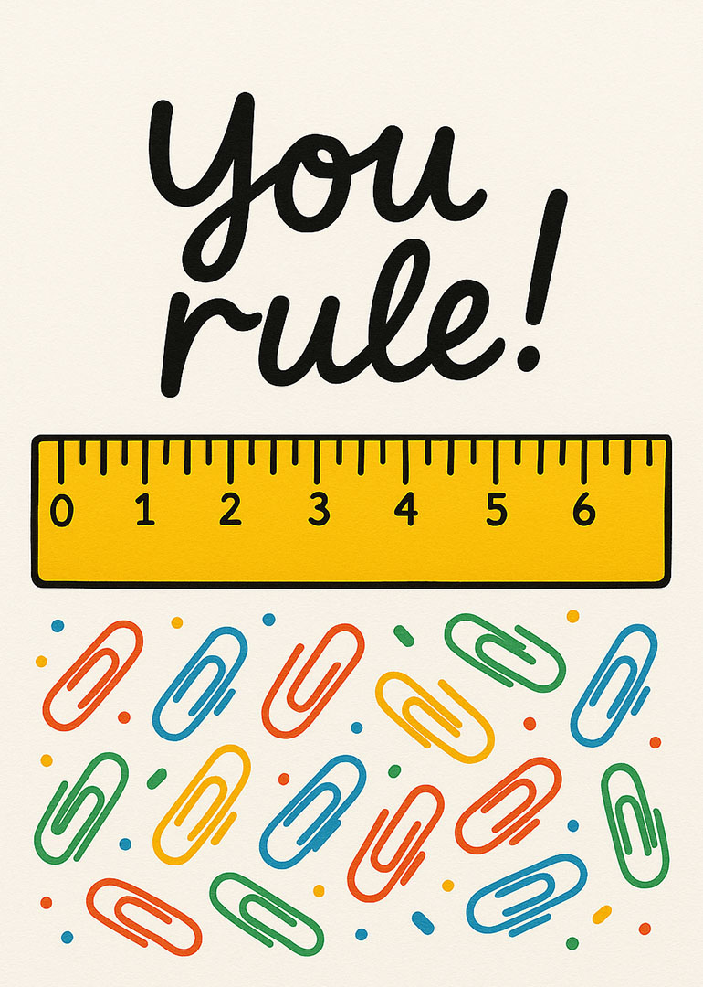 Card with text you rule, yellow ruler, and colorful paperclips on white background
