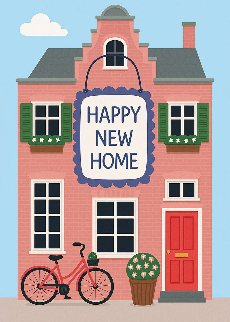 Pink house card with Happy New Home sign, bicycle, flowers, and bright blue sky background.