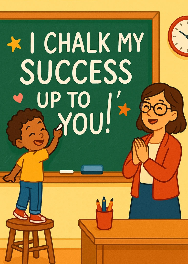 Child writes on a chalkboard while smiling teacher thanks them in a bright classroom scene.