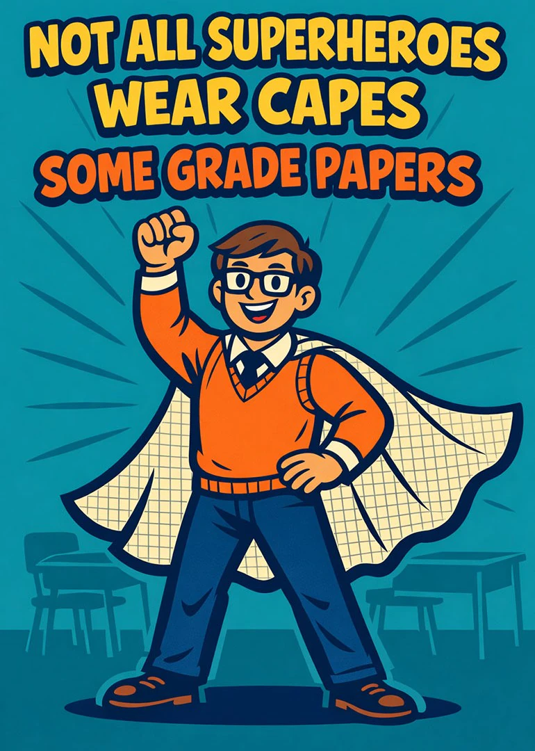 Cartoon teacher in glasses and cape stands heroically beneath wording about grading papers.