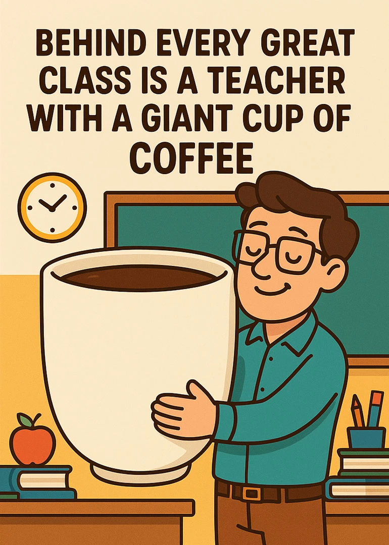 Smiling teacher hugs an oversized coffee cup in a classroom with bold appreciation wording above.