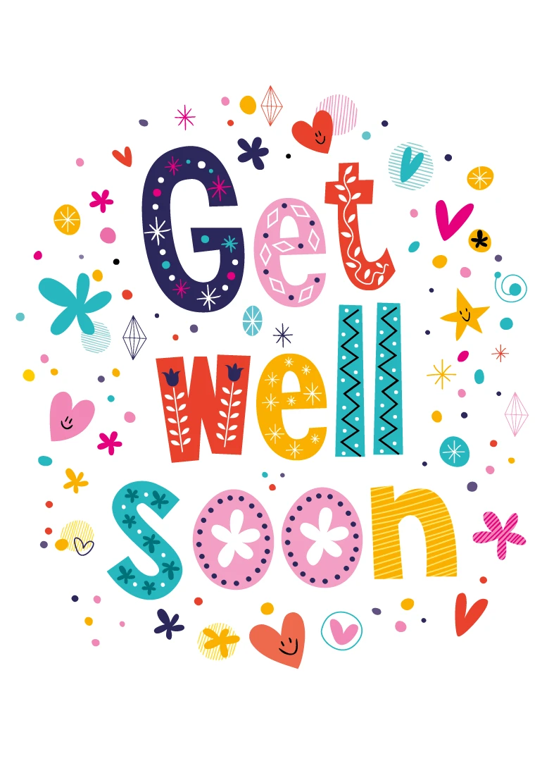 Colourful Get Well Soon card with playful hearts, stars, and doodles in bright cheerful colours.