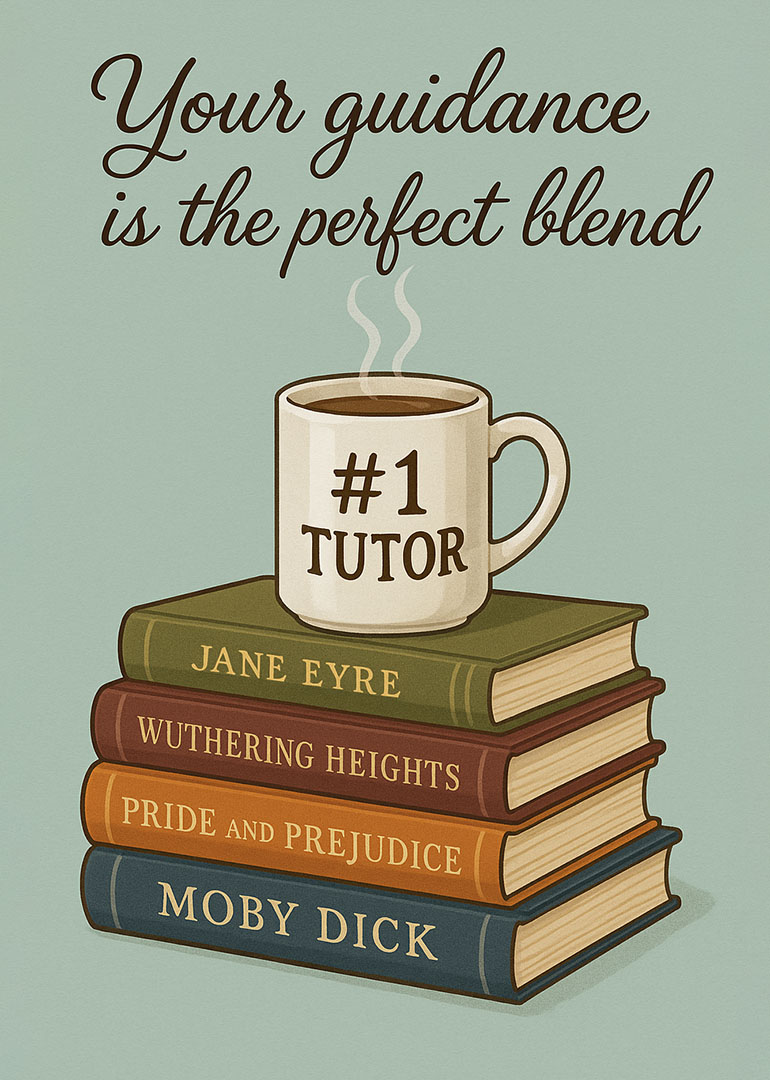Card with coffee mug labeled #1 tutor on stack of classic books