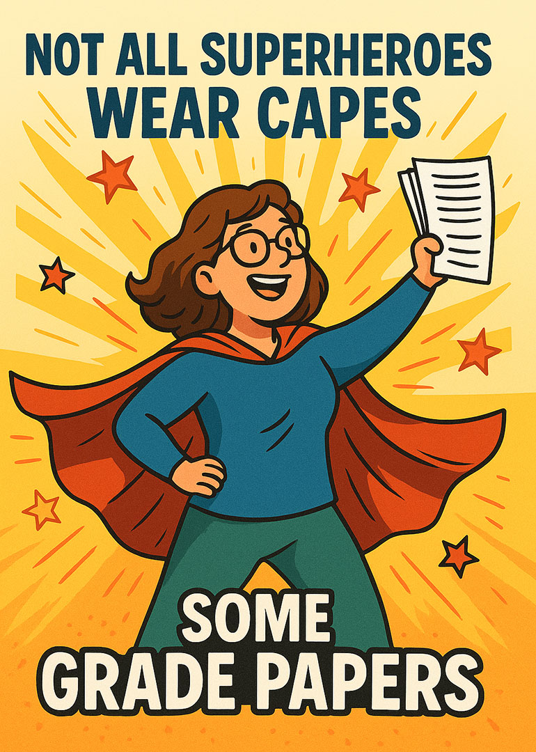 Illustration of a superhero teacher holding grade papers with stars and motivational text