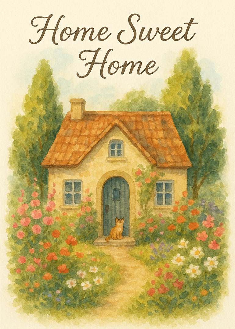 Watercolor painting of cozy cottage with garden flowers and cat at the door
