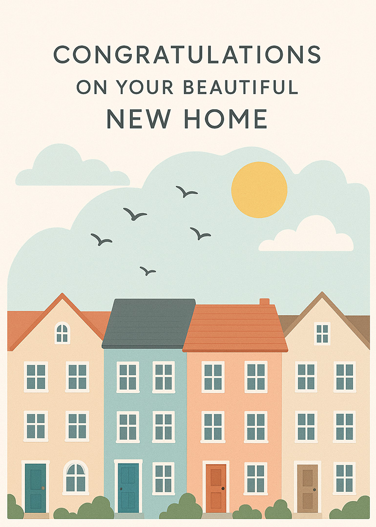 Card with colorful houses, sunny sky, birds, and congratulations message for new home