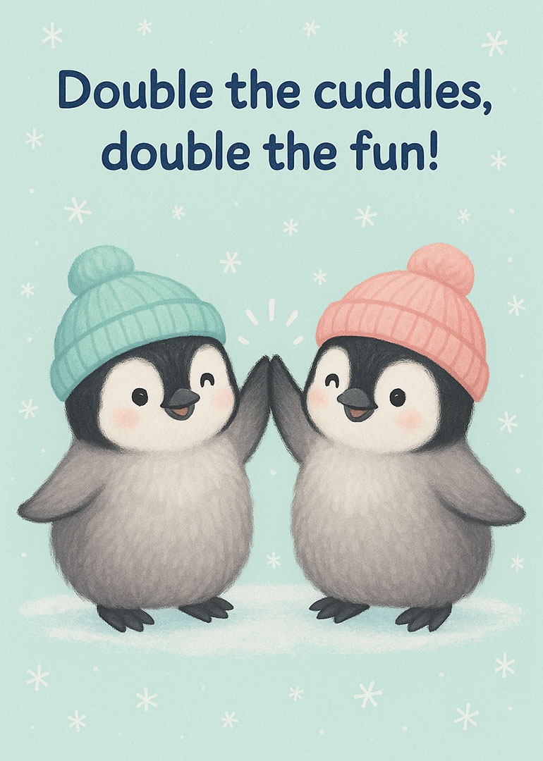 Two cute penguins wearing hats high five with snowflakes around