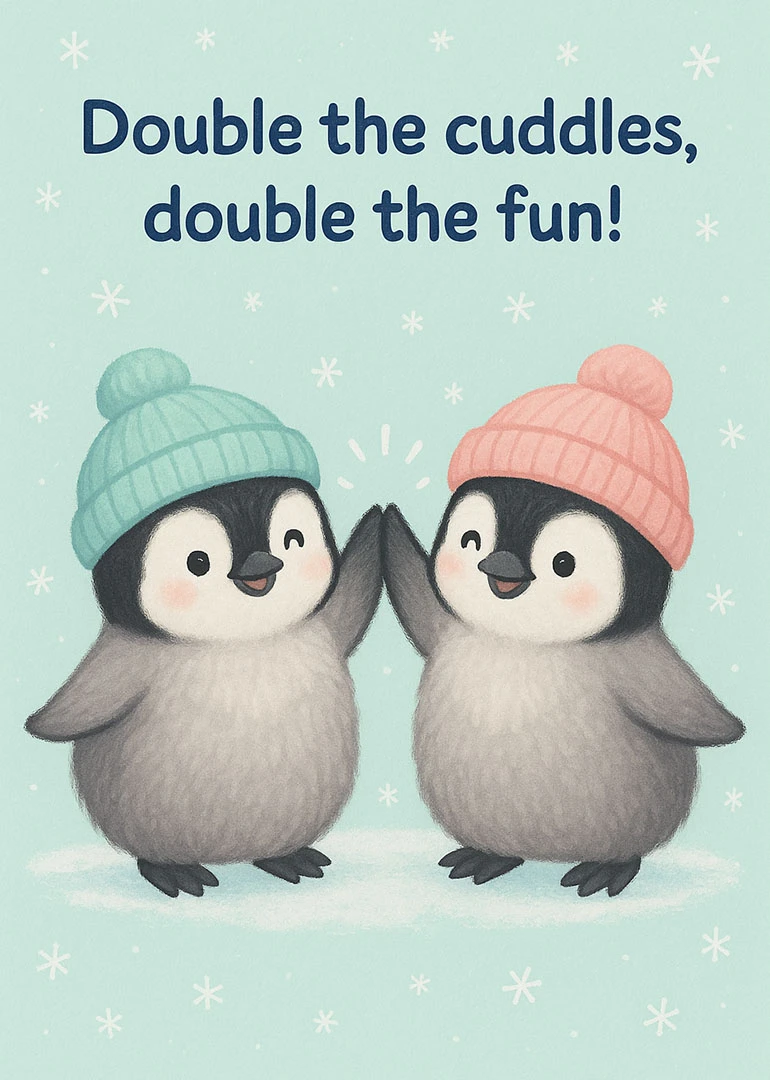 Two cute baby penguins in hats high-five beneath double the cuddles, double the fun message.