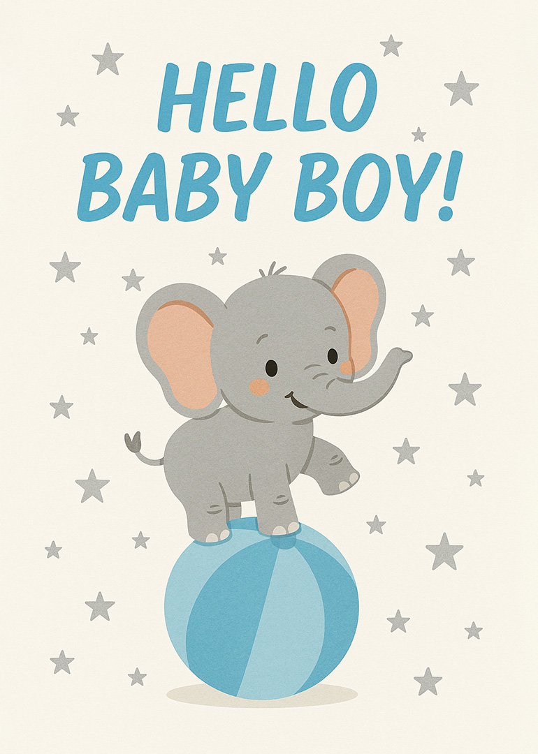 Cute baby elephant balancing on blue ball with stars around