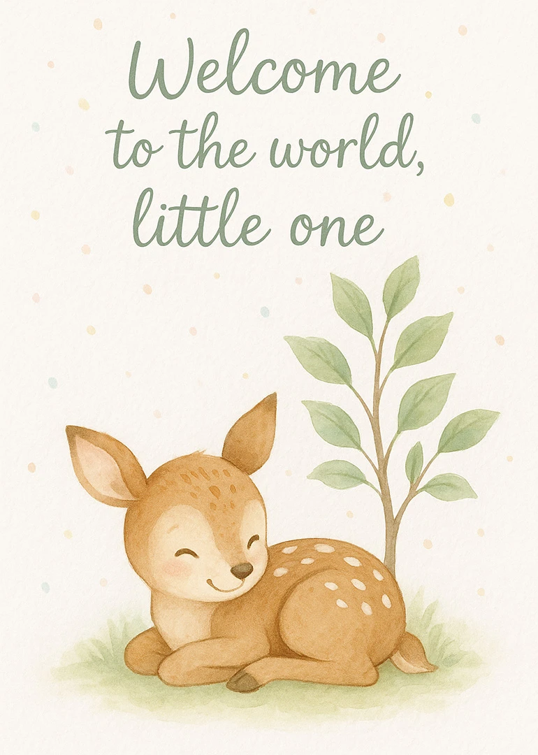 Watercolor baby deer beside a leafy plant with Welcome to the world, little one text.