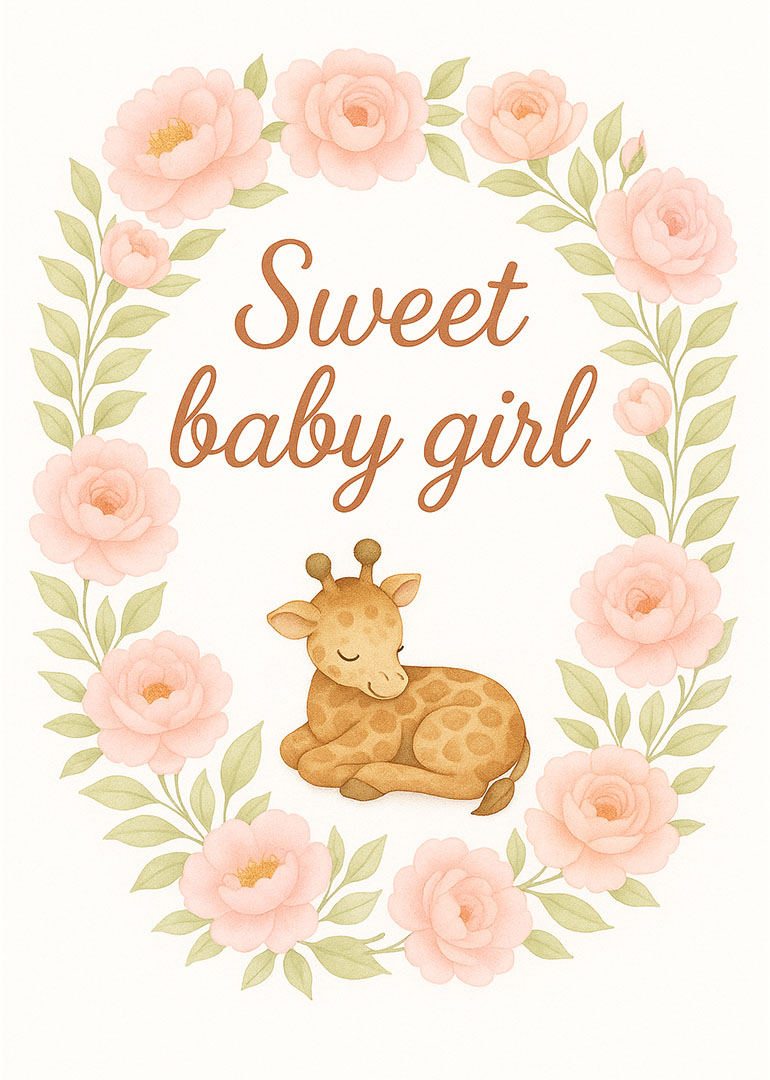Sleeping giraffe surrounded by pink flowers with sweet baby girl text