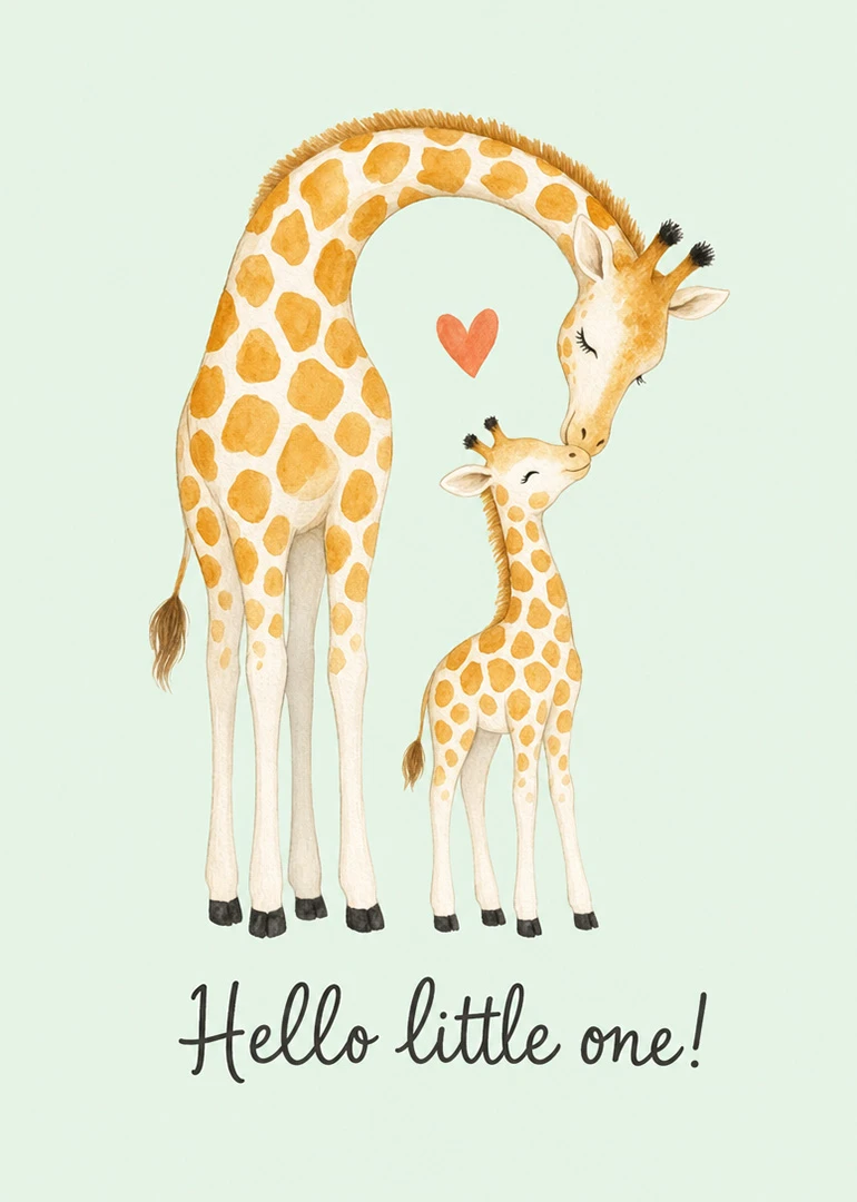 Watercolor mother and baby giraffe on mint background with Hello little one text and heart.