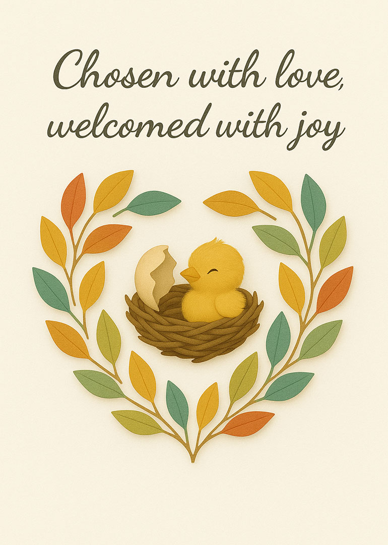New baby card with chick in nest and heart-shaped colorful leaves