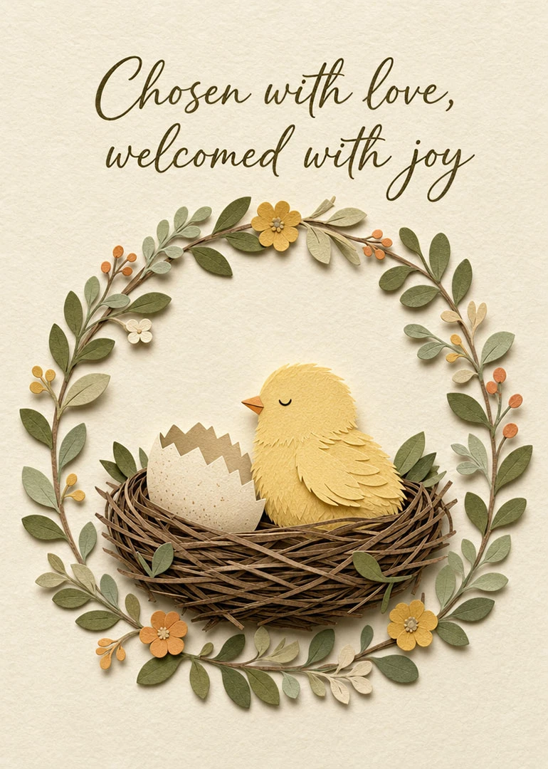 A fluffy chick and egg in a leafy wreath with welcome with joy text above.