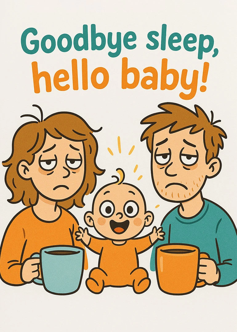 Tired parents hold coffee mugs beside a smiling baby under Goodbye sleep, hello baby.