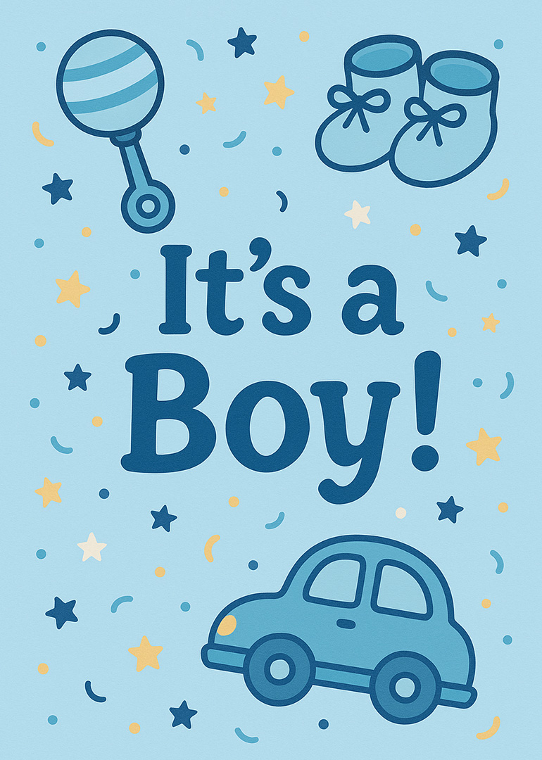 Blue baby boy card with toy car, rattle, booties, and stars
