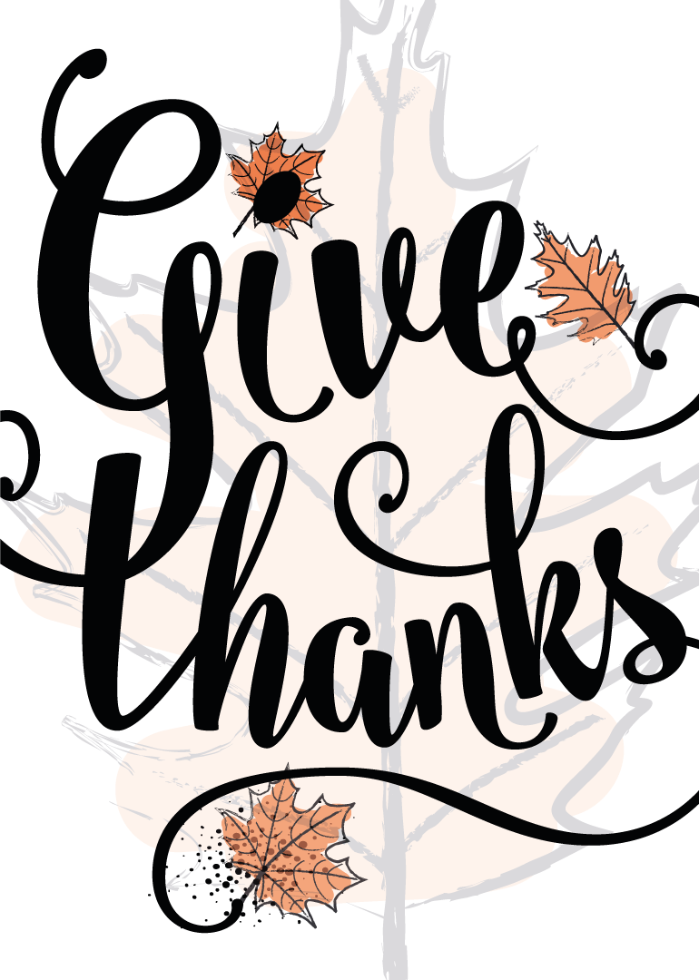 Thanksgiving card with elegant black script and orange autumn leaves on pale background