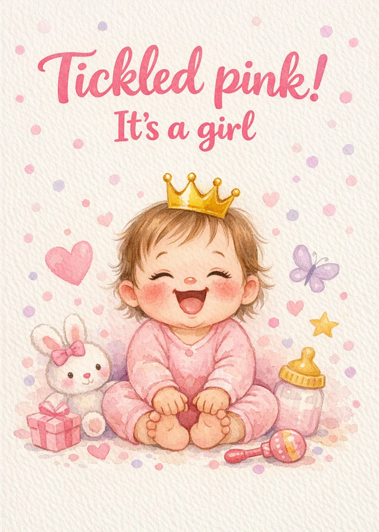 Watercolor baby girl card with crown, bunny, gift, bottle, and pink text on textured background.