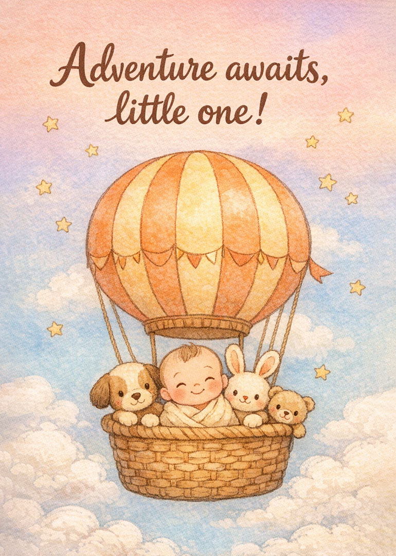 Baby and stuffed animals in hot air balloon with stars and clouds background