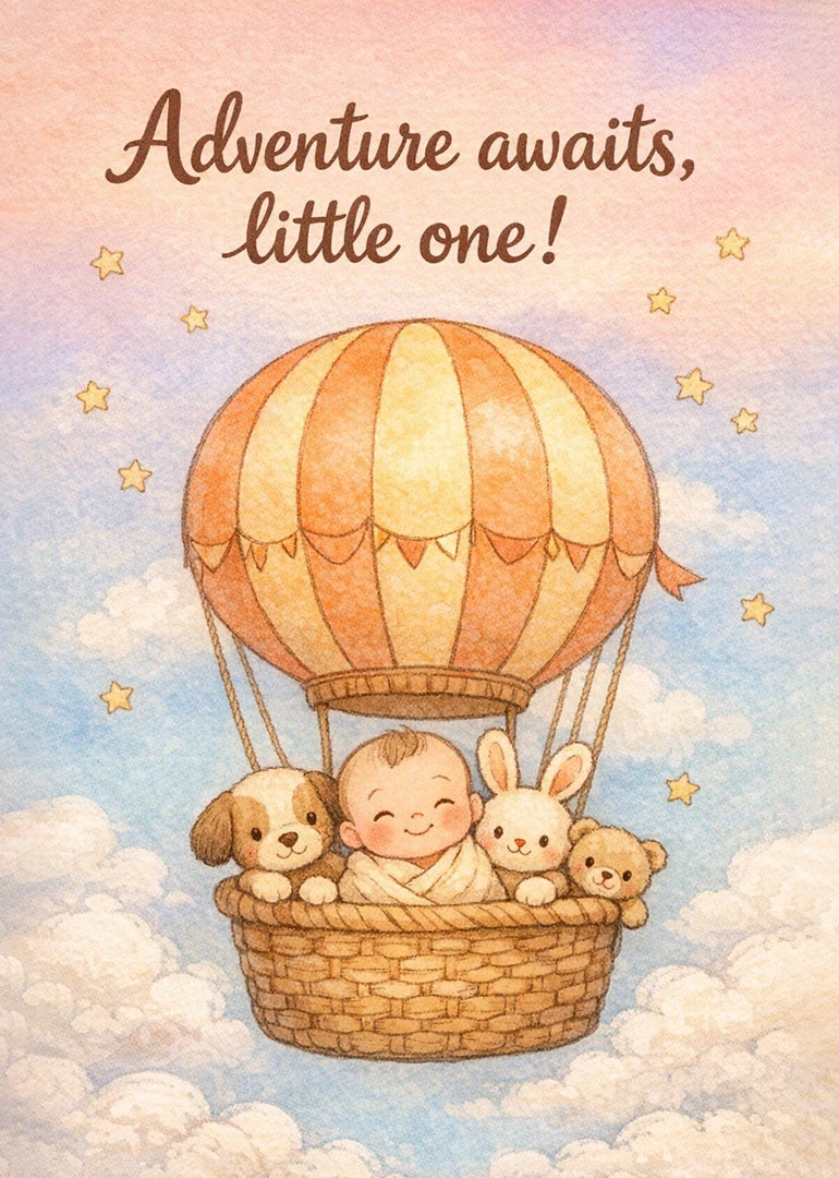 Cute baby in hot air balloon basket with animals under text Adventure awaits, little one.