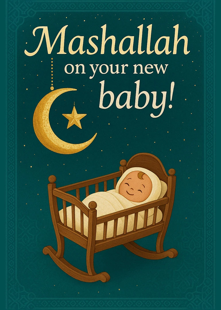 Teal card with Mashallah on your new baby, crescent moon, star, and sleeping infant illustration.