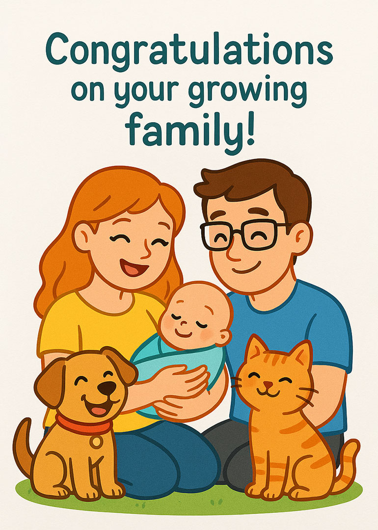 Illustration of happy family with baby, dog, and cat congratulating growing family