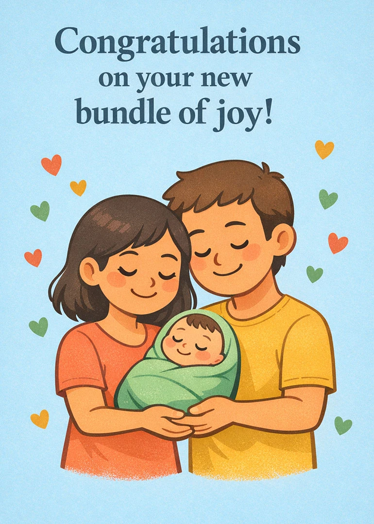 Smiling parents hold a sleeping newborn wrapped in green with congratulations text and hearts around.