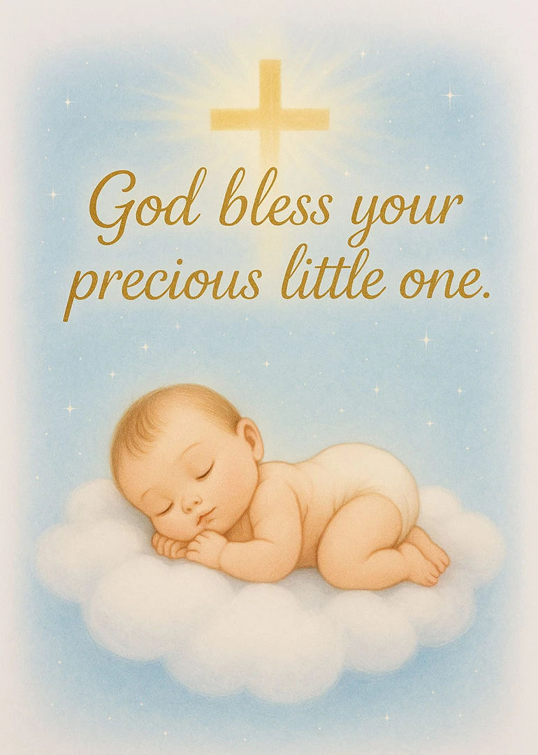 Sleeping baby on cloud beneath a glowing cross with God bless your precious little one.