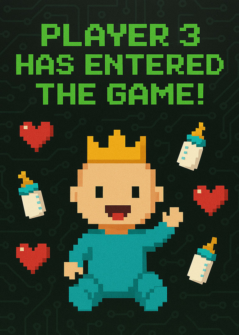 Pixel art baby with crown surrounded by bottles and hearts on dark background