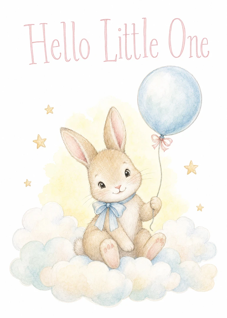 A fluffy bunny sits on clouds holding a blue balloon beneath words Hello Little One.